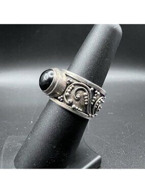 Vintage Sterling Silver Black Onyx Ring Wide Band Granulation Scrollwork Sz 6.75